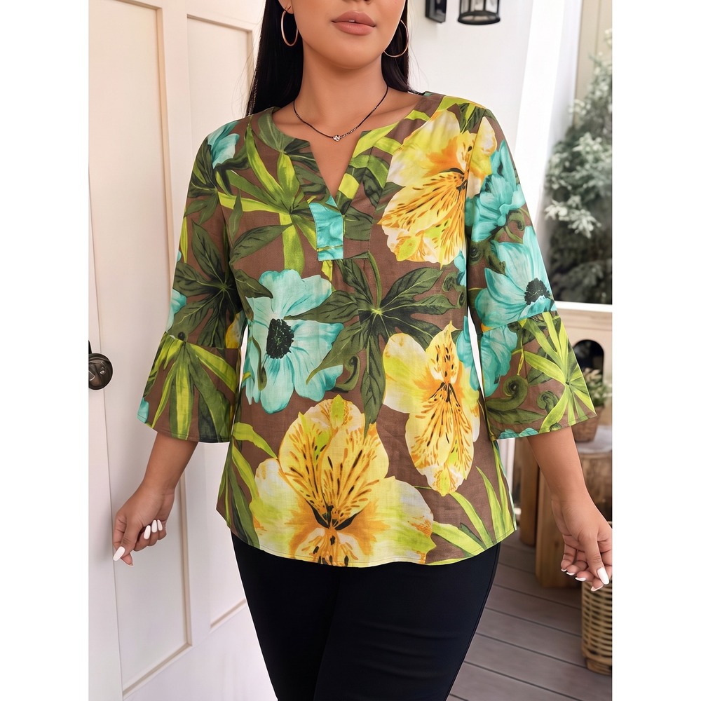 Tommy Bahama Floral Tunic Top M Brown Teal Yellow Tropical Bell Sleeve Blouse